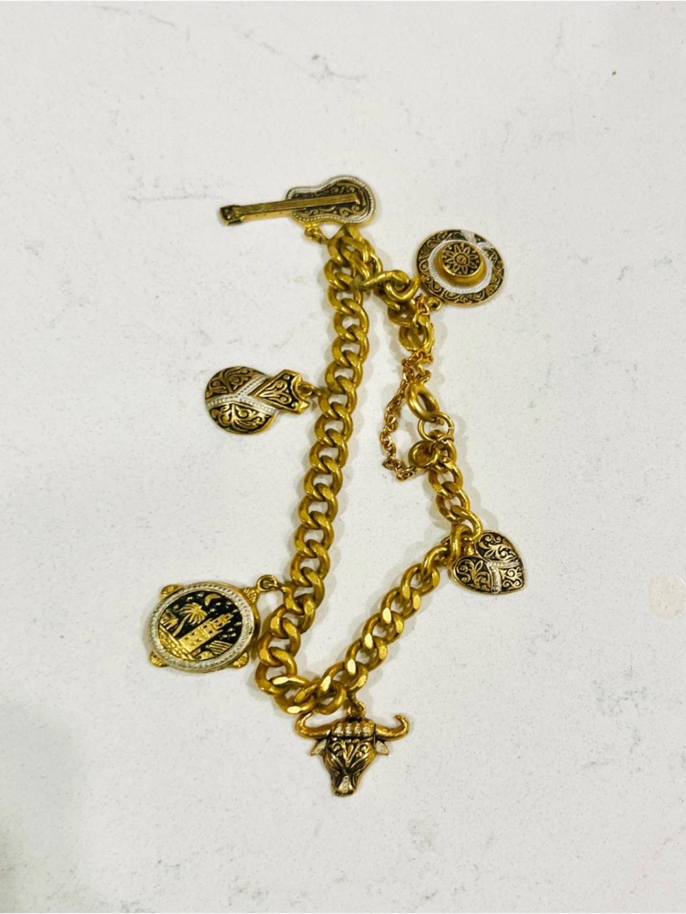 Vintage Damascene Style Charm Bracelet Gold Tone 6.75”, 1960s - Picture 8 of 12